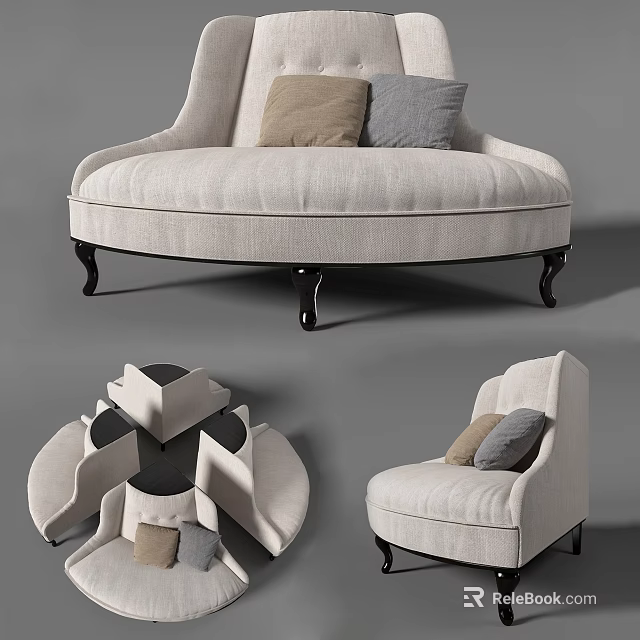 Modern Beige Curved Sofa Set with Black Legs and Light Brown Gray Decorative Pillows 3d model 