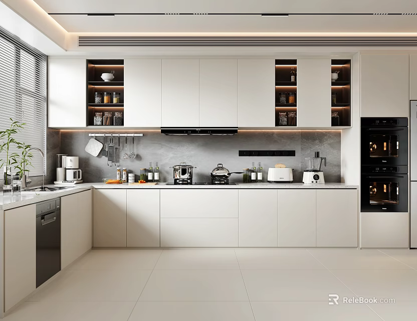 Modern Open Kitchen Interior With White Cabinets Countertops And Appliances 3d model