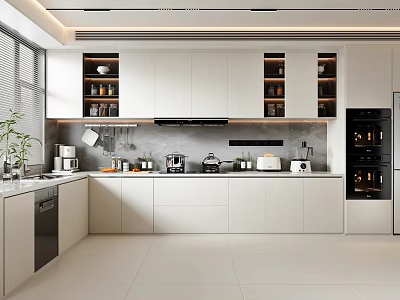 Modern Open Kitchen Interior With White Cabinets Countertops And Appliances 3d model