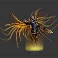 Hooded Character Floating With Glowing Yellow Orange Energy Streams Holding Bladed Weapon On Luminous Base