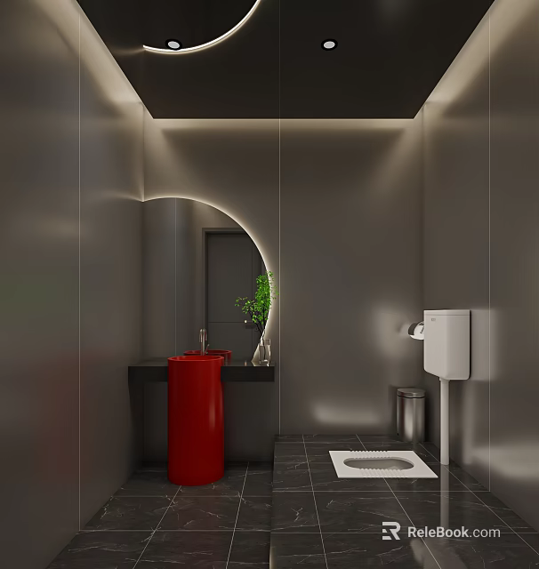 Modern Public Restroom Design With Red Sink Round Mirror Green Plant Gray Walls Black Tiled Floor 3d model 