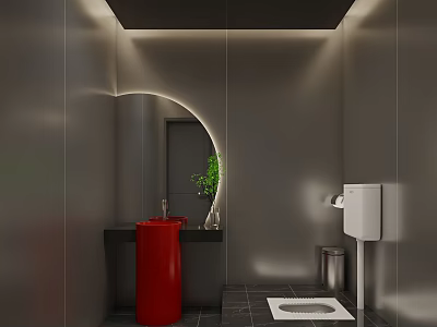 Modern Public Restroom Design With Red Sink Round Mirror Green Plant Gray Walls Black Tiled Floor 3d model