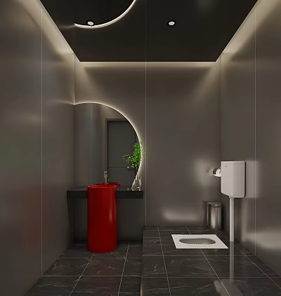 Modern Public Restroom Design With Red Sink Round Mirror Green Plant Gray Walls Black Tiled Floor 3d model
