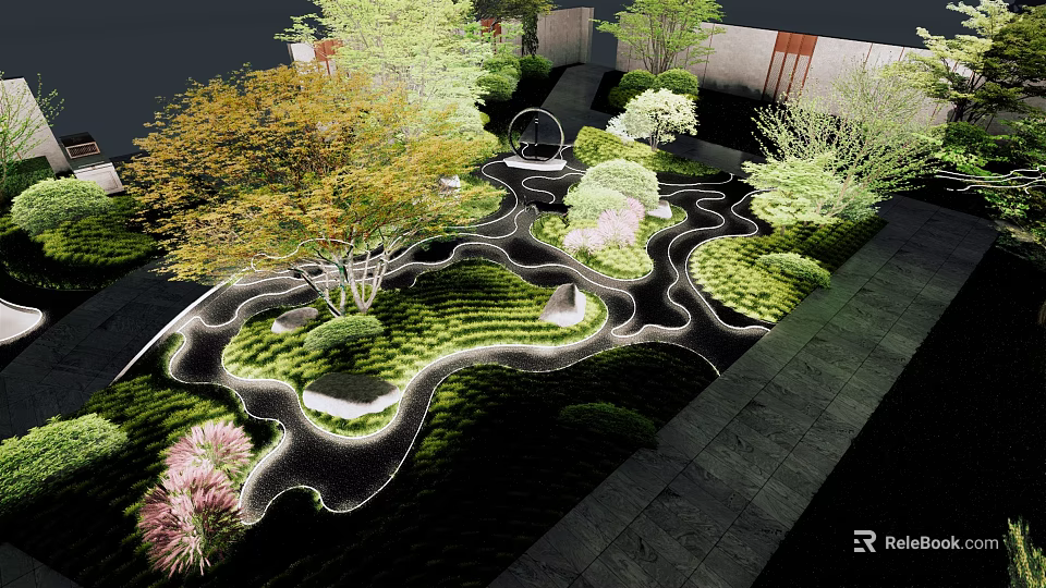 Serene Garden Landscape With Winding Paths Layered Greenery And Varied Vegetation 3d model 