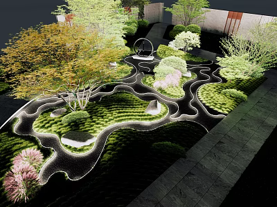 Serene Garden Landscape With Winding Paths Layered Greenery And Varied Vegetation 3d model