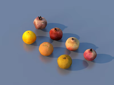 Colorful Fresh Assorted Fruits Pomegranates Oranges And Lemons On Blue Surface 3d model