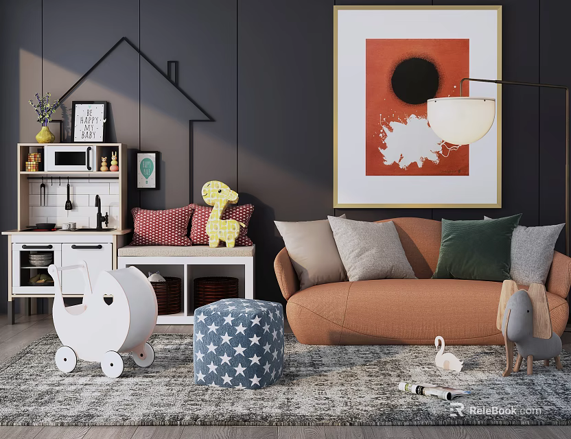 Kids Table with Giraffe Toy Baby Stroller Star Ottoman and Cozy Sofa in Playroom 3d model 