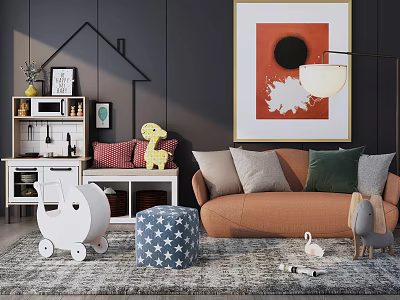 Kids Table with Giraffe Toy Baby Stroller Star Ottoman and Cozy Sofa in Playroom 3d model