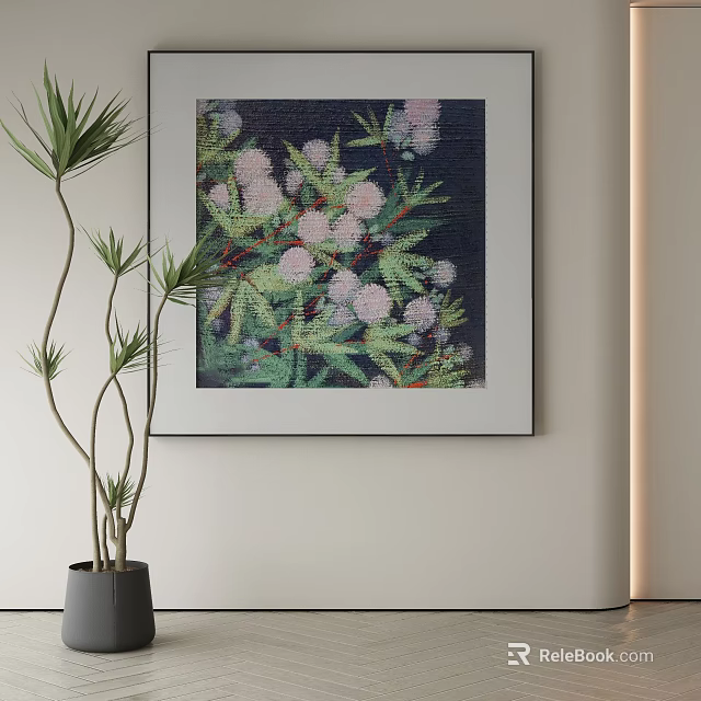 Abstract Floral Painting With Pink Blossoms Green Leaves On White Framed Wall Art 3d model 