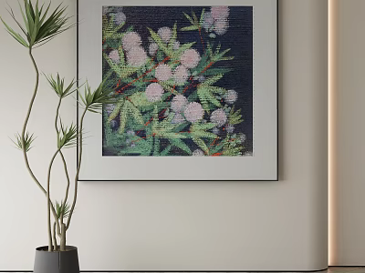 Abstract Floral Painting With Pink Blossoms Green Leaves On White Framed Wall Art 3d model