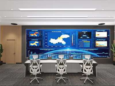 Modern Monitoring Room With Large Screens Multiple Monitors Control Desk And Ergonomic Chairs 3d model
