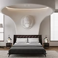 Modern Bedroom Interior With Double Bed Circular Relief Sculpture Nightstands Table Lamps And Wooden Shutters
