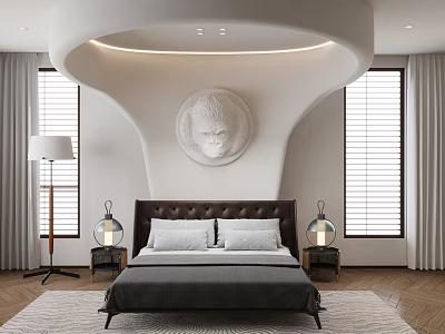Modern Bedroom Interior With Double Bed Circular Relief Sculpture Nightstands Table Lamps And Wooden Shutters 3d model