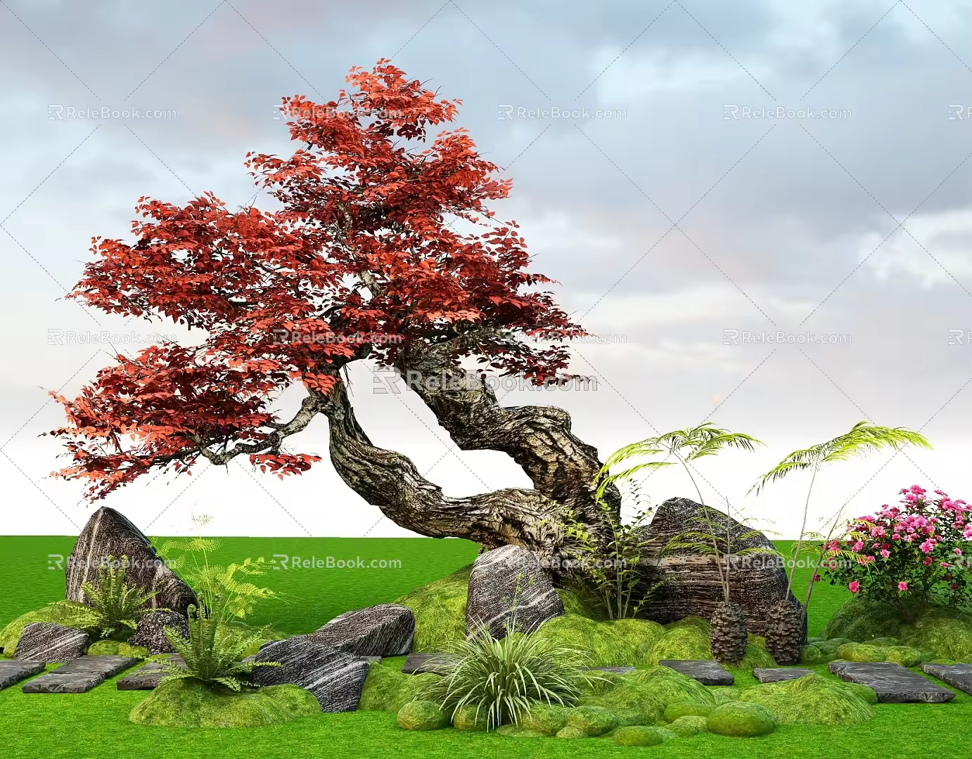 landscape modeling old tree arbor courtyard red leaf tree old pile tree 3d model
