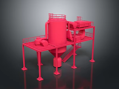 Red Industrial Equipment 3D Model With Tower Platform Stairs And Pipelines 3d model