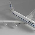 White Passenger Airplane Exterior Design With Blue Stripe Four Engines And Tail Logo