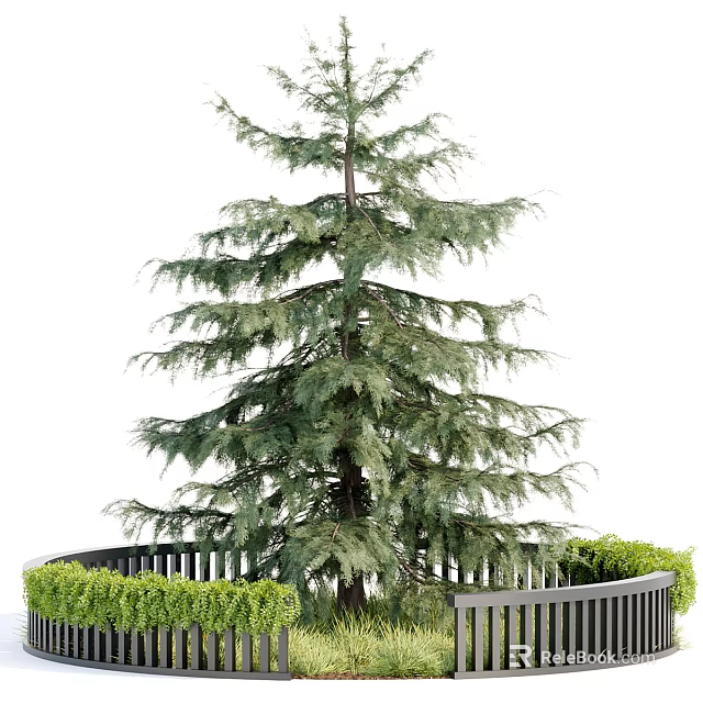 Tall Evergreen Arbor with Lush Foliage Surrounded by Green Shrubs and White Fence 3d model 