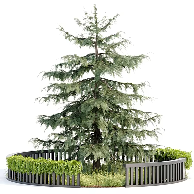 Tall Evergreen Arbor with Lush Foliage Surrounded by Green Shrubs and White Fence 3d model