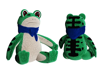 Green Frog Plush Toy With Blue Scarf Front And Back Views Soft Design 3d model