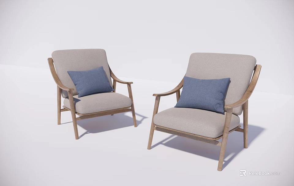 Modern Light Gray Fabric Armchairs With Blue Cushions And Wooden Armrests 3d model 