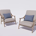 Modern Light Gray Fabric Armchairs With Blue Cushions And Wooden Armrests