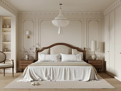 Elegant Bedroom Interior With Upholstered Headboard Paneled Walls Pendant Light Nightstands And Area Rug 3d model
