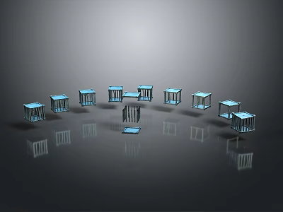 Blue Cubes With Transparent Sections Arranged In Circular Pattern On Gray Background With Reflections 3d model
