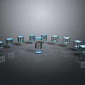 Blue Cubes With Transparent Sections Arranged In Circular Pattern On Gray Background With Reflections 3d model