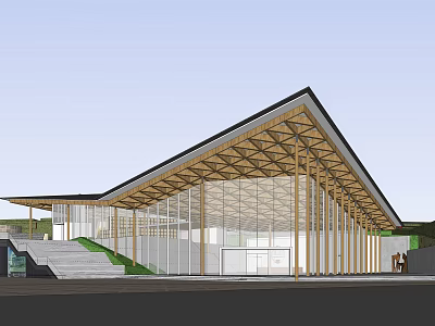 Modern Commercial Street Architectural Design With Wooden Roof Structure And Glass Facade 3d model