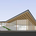 Modern Commercial Street Architectural Design With Wooden Roof Structure And Glass Facade