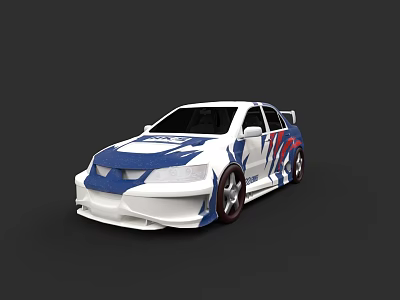 White Sporty Modified Car With Blue Red Graphics And Stylish Body Lines 3d model
