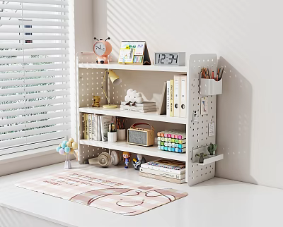 White Perforated Storage Shelf With Books Stationery And Decorative Items By Window In Natural Light 3d model