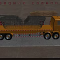 Yellow Utility Flatbed Truck Carrying Metal Cages And Stacked Goods