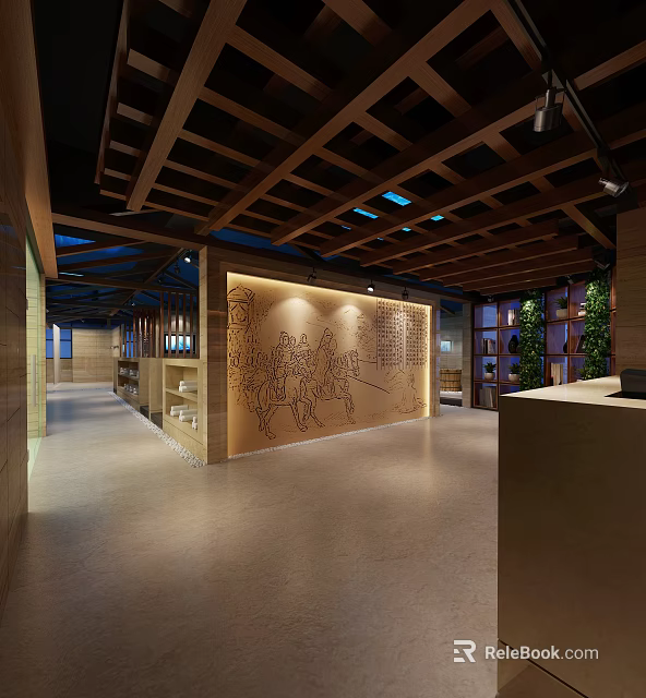 Shower Sauna Spa Interior With Wooden Ceiling Mural And Reception Counter 3d model 