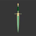 Decorative Sword With Green Handle Golden Decorations And Blue Reflective Blade On Dark Background