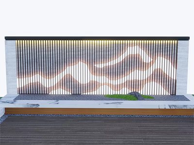 Modern Striped Feature Wall With Wave Light Pattern Water Pool And Green Plants Wooden Slats 3d model