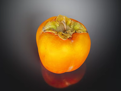 Fresh Ripe Persimmon With Orange Color And Green Brown Leaves On Black Background With Reflection 3d model