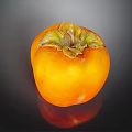 Fresh Ripe Persimmon With Orange Color And Green Brown Leaves On Black Background With Reflection