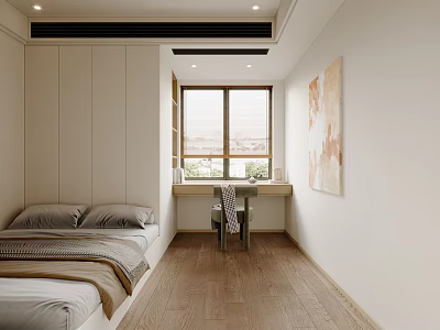 Tatami Bedroom Interior Design With Tatami Bed Window Desk Decorative Painting And Wooden Floor 3d model