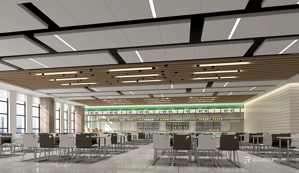 Modern Cafeteria Interior With Dining Tables Ceiling Lighting And Seating Area 3d model