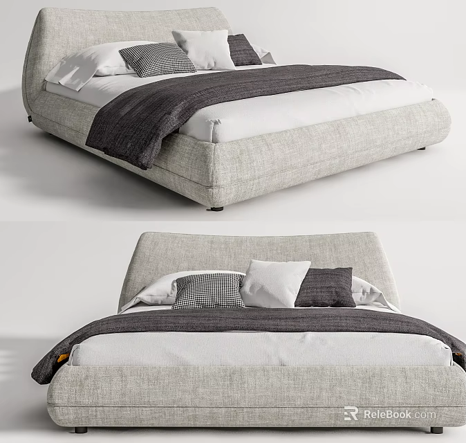 Modern Upholstered Double Bed With White Sheets Gray Pillows And Blanket 3d model