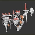 Floating Islands 3D Model With White Rock Structures Green Plants And Red Buildings 3d model