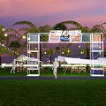 Garden Landscape With Sunset Palm Trees Tents String Lights And Bunting Flags On Grass Lawn
