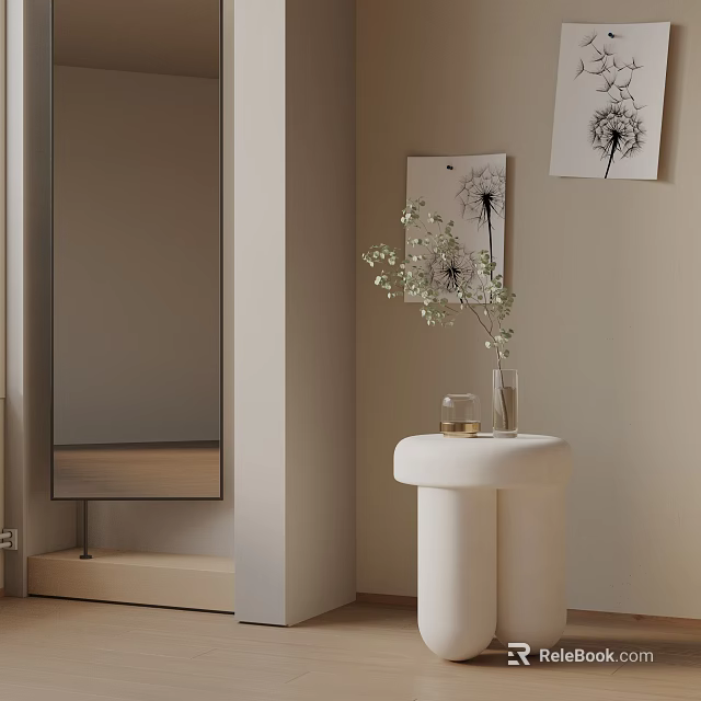 Minimalist White Side Table With Cylindrical Base And Green Plant Vase Near Dandelion Paintings 3d model 