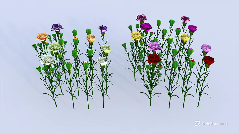 Colorful Vase Flowers With Purple Yellow Orange White Red Blooms And Green Stems 3d model 