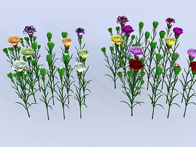 Colorful Vase Flowers With Purple Yellow Orange White Red Blooms And Green Stems 3d model
