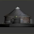 Traditional Round Red Brick Building with Conical Roof Small Window and Hexagonal Grass Pedestal