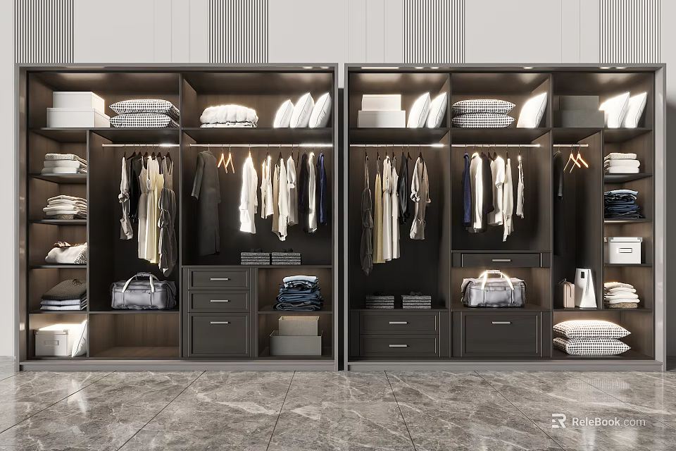 Modern Dark Double Wardrobe With Hanging Clothes Folded Garments Drawers And Storage Shelves 3d model 