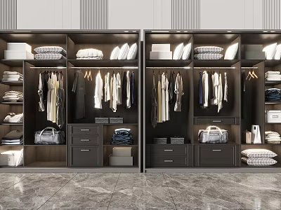 Modern Dark Double Wardrobe With Hanging Clothes Folded Garments Drawers And Storage Shelves 3d model