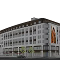 Modern Commercial Complex With Glass Curtain Walls Main Entrance Retail Spaces And Green Plaza